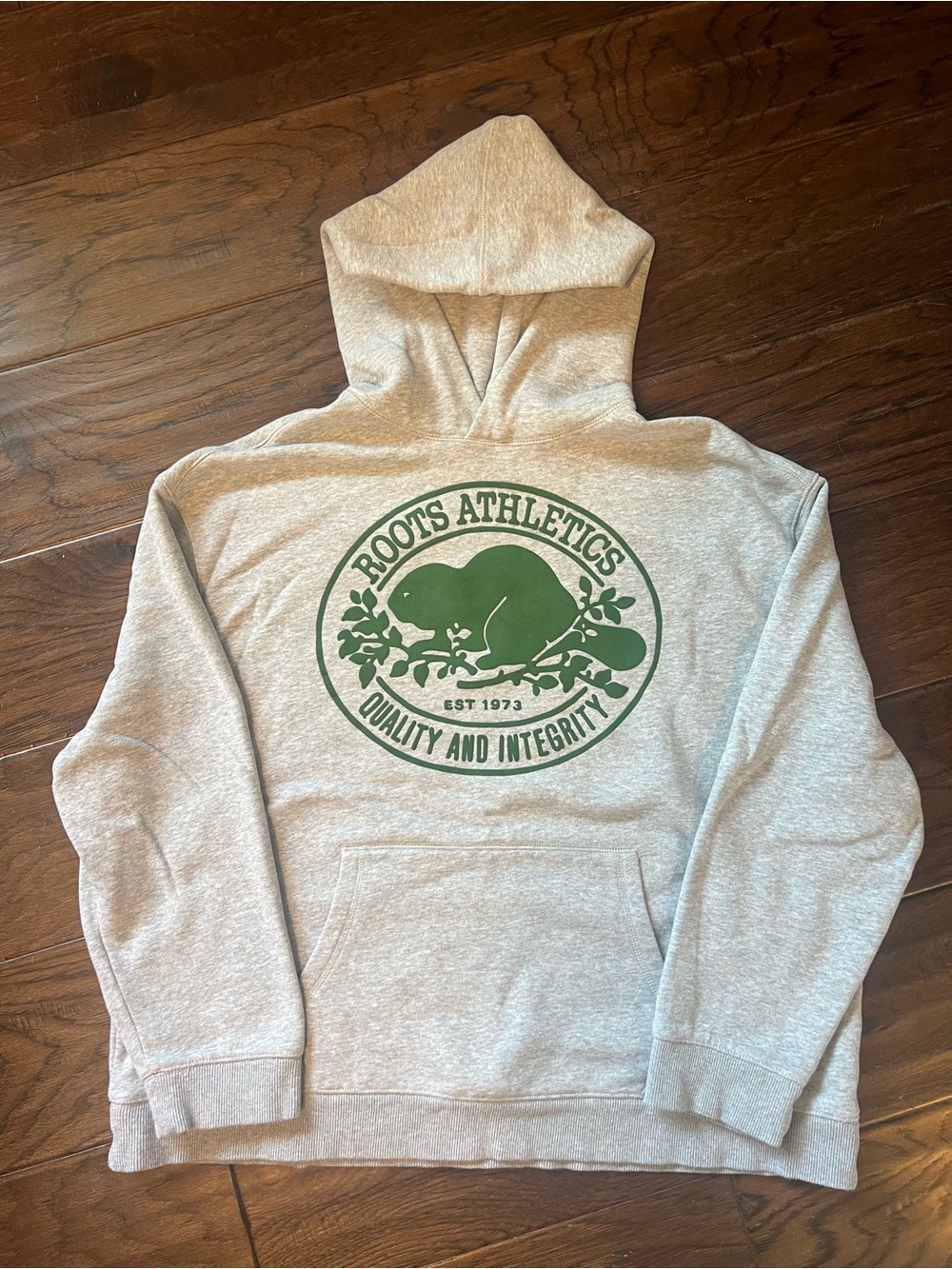 Roots Men's Light Gray Hoodie with Green Logo
